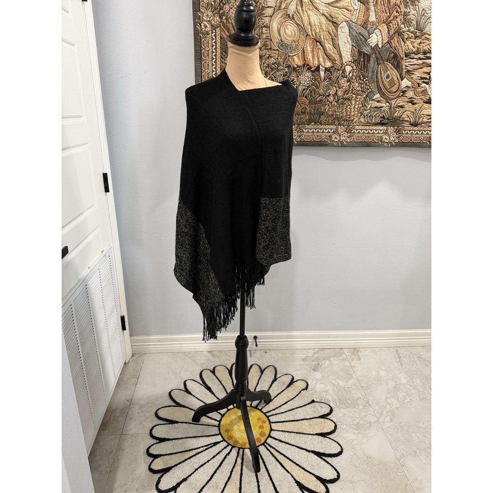 Cruise Club Cardishawl Metallic‎ Poncho Womens One Size Black Knit Fringe Wrap